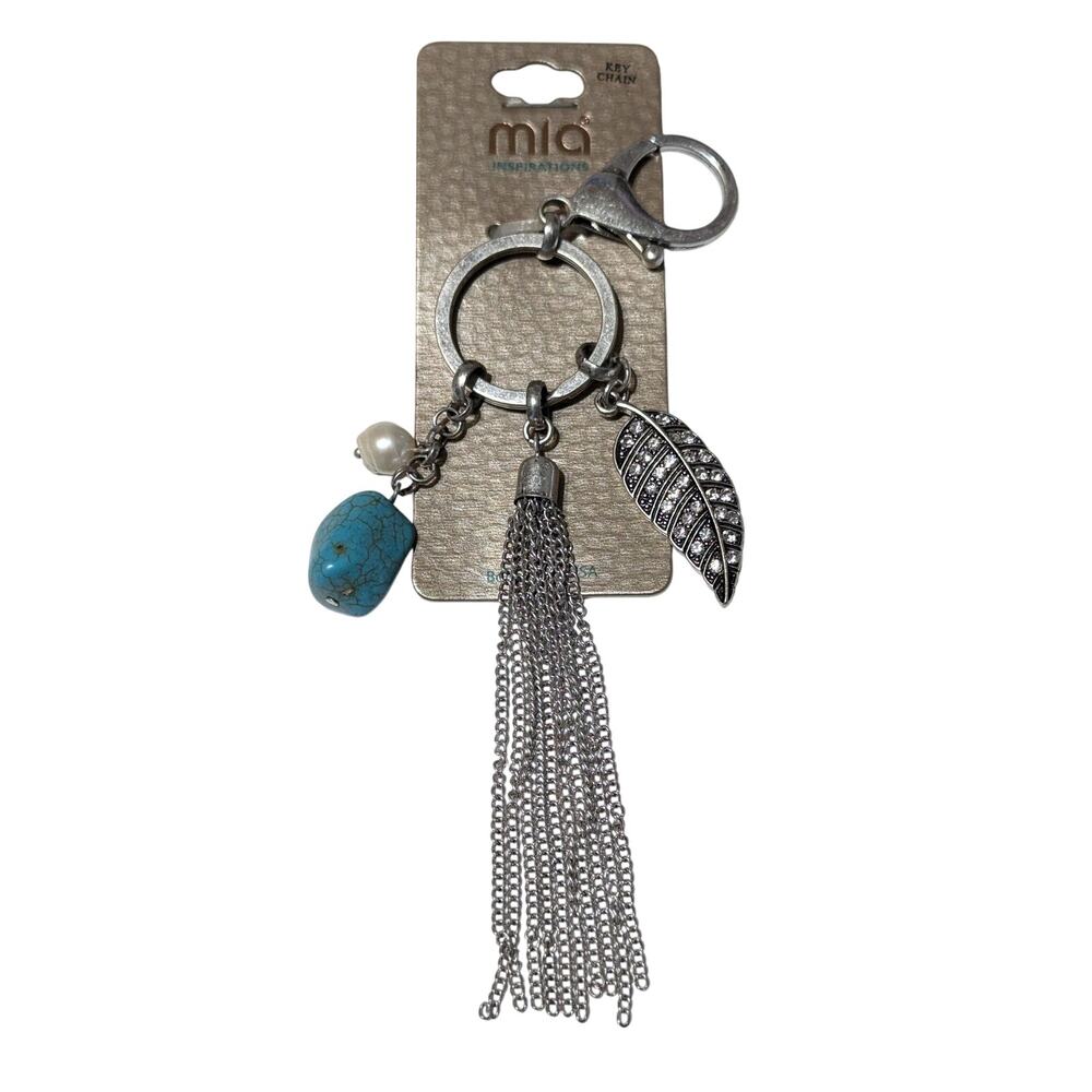 mia Tassel Keychain Key Ring Bag Charm Faux Turquoise Stone Silver Boho Womens